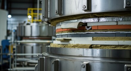 Detailed view of vitrification melter heat shields and thermal insulation layers during radioactive waste processing bay servicing.