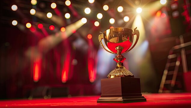 A gold trophy sits on a dark wooden base atop a red carpet, brightly lit on a stage with a blurred background of stage lights and a ladder - Powered by Adobe