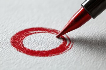 Close-up of a metallic red pen creating a vibrant red circle on textured white paper; the pen's tip is precisely positioned at the circle's bottom
