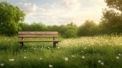 Tranquil wooden bench in sunlit meadow with blooming wildflowers