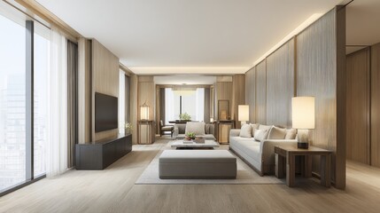 Fototapeta premium Spacious modern living room with large windows and warm color palette.