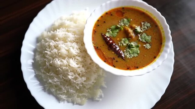 Close up shot of sambar dish with white rice and cilantro in a white bowl at table