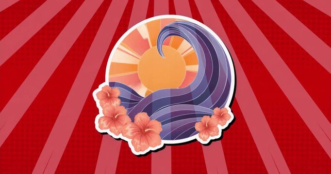 Starting with bright emblem centering on red rays, sun rays rotating, pulsing, wave, flowers fixed