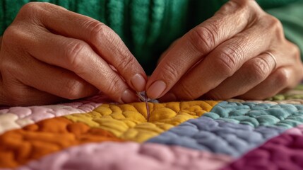 Crafting a quilted masterpiece: hands stitching colorful fabric with precision and care