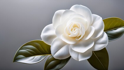 pristine white gardenia blossom revealing soft layered petals with intricate details against clean transparent setting