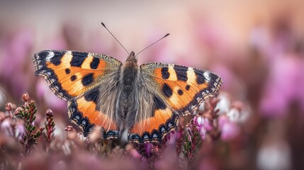 Obraz premium Butterfly with orange, black, blue details resting on heather flowers, blurred background