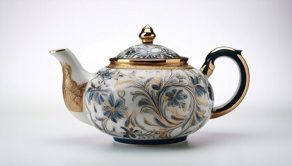 intricate porcelain teapot white background