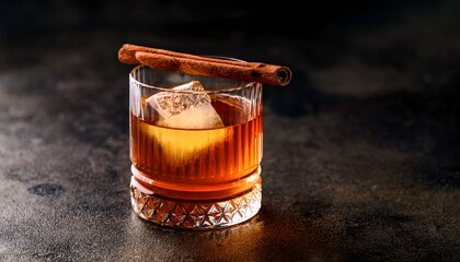 aromatic whisky cocktail with cinnamon stick garnish on dark surface