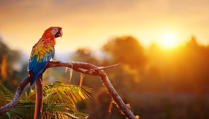 colorful parrot perched on branch in lush green forest exhibiting vibrant plumage and playful demeanor