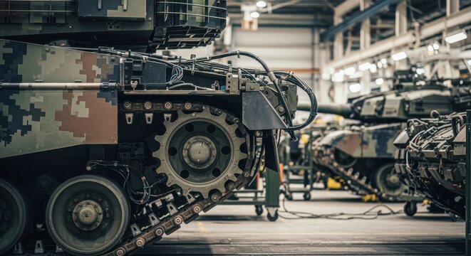 Side profile of a camouflaged tank chassis with assembly track partially mounted highlighting engineering design and military manufacturing.