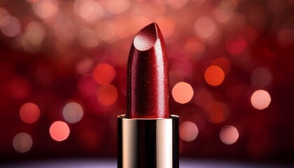 close up of a red metallic lipstick tube with glittery texture