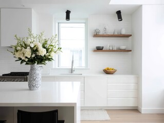A bright, modern kitchen boasts crisp white cabinets, wooden shelves, and a beautiful bouquet of white flowers.