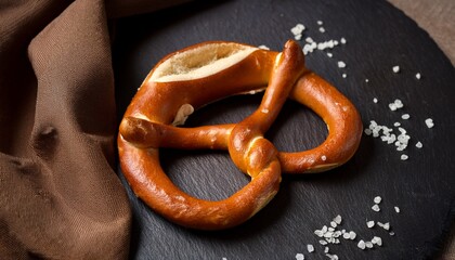 salty pretzel on a stone slab with a brown cloth