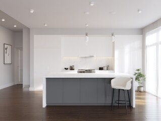 A modern kitchen boasts white cabinetry, a gray island, and a cream-colored bar stool, all set against a hardwood floor.