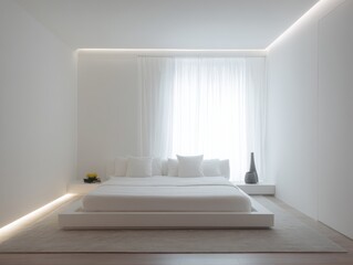 A minimalist bedroom, bathed in natural light, features a simple white bed platform, sheer curtains, and a muted color palette.