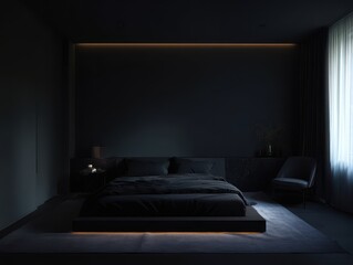 Modern bedroom interior design showcasing a dark, minimalist aesthetic.  A dark gray bed sits centrally illuminated by subtle lighting, creating a tranquil atmosphere.