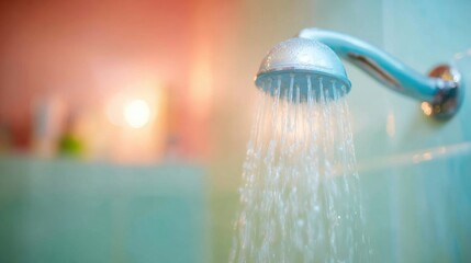Water flows from a showerhead in a modern bathroom setting during daytime