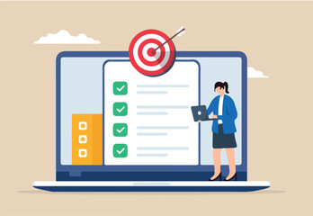 Flat illustration of businesswoman use laptop computer update checklist target for marketing campaign with bullseye