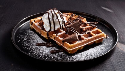 decadent waffles topped with chocolate and cream on black plate