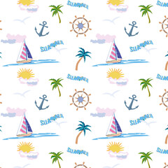 Seamless pattern with a yacht, seagulls, sun, anchor and steering wheel on the theme of summer travel.eps