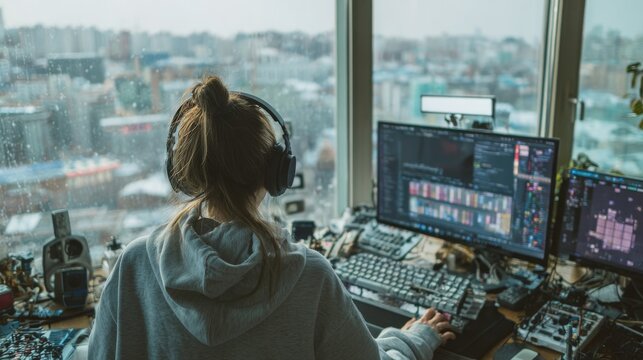 Woman wearing headphones working on video editing software at home