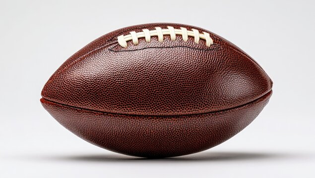 A close-up studio shot of an American football, showcasing its textured leather surface, laces, and prolate spheroid shape against a plain white backdrop