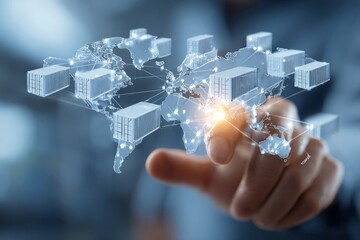 Global trade and logistics concept with cargo containers and a world map.