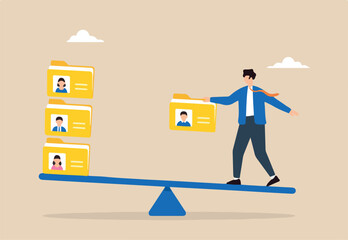 Flat illustration of human resource manager balancing candidate profile folders on seesaw to sort applicants for recruitment decision and onboarding approval	
