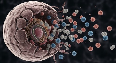 Detailed 3D illustration of a biological cell undergoing lysis, showing the nucleus, organelles, and the release of particles