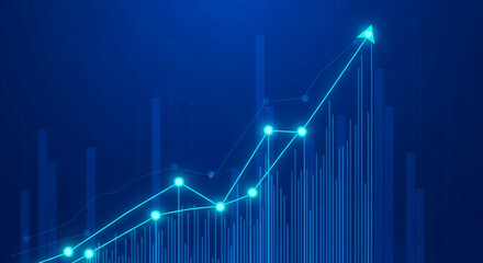 Abstract graphic showing upward trend line with glowing points, set against bar graph background, symbolizing growth, success, and progress in business