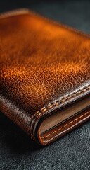 Close-up of a rich brown leather journal