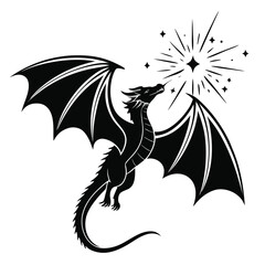 Dragon wings breaking into glowing sparks silhouette