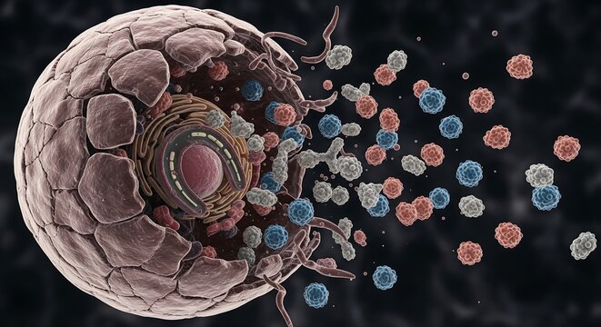 Detailed 3D illustration of a biological cell undergoing lysis, showing the nucleus, organelles, and the release of particles