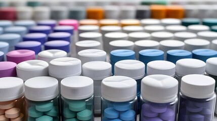 Obraz premium Colorful Pill Bottles Closeup Pharmacy Medicine