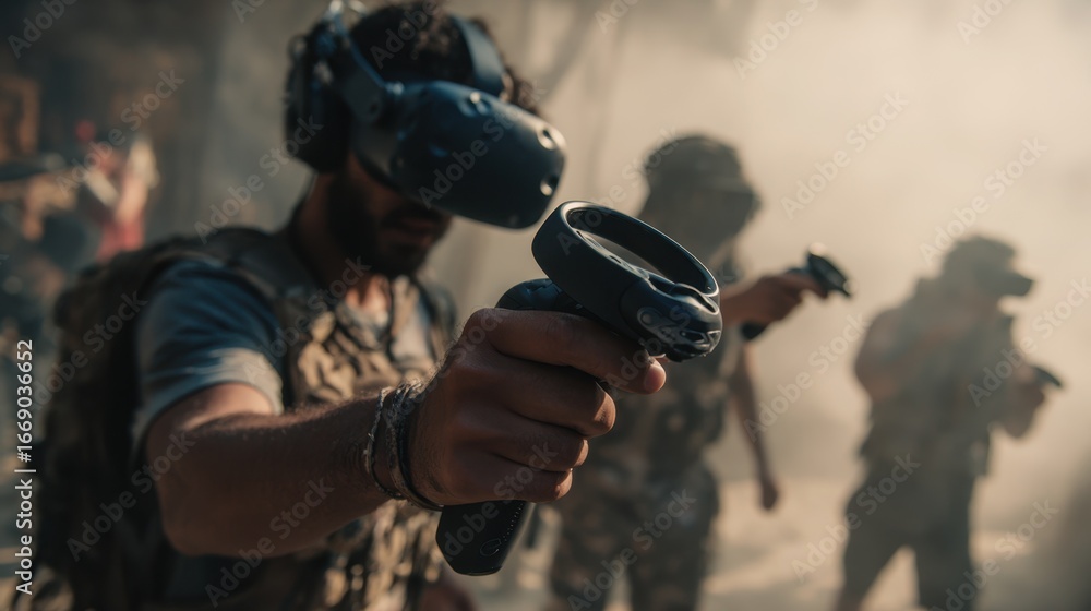 Poster medium shot of a player holding vr controllers fully engaged in immersive game world with hazy oppon