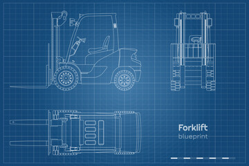 Outline forklift drawing. Linear cargo loader. Side, front and top view of industrial machine. Contour blueprint of warehouse transport. Logistic vehicle