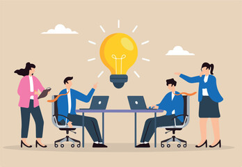 Flat illustration of businessmen and businesswomen brainstorm new lightbulb idea during team meeting