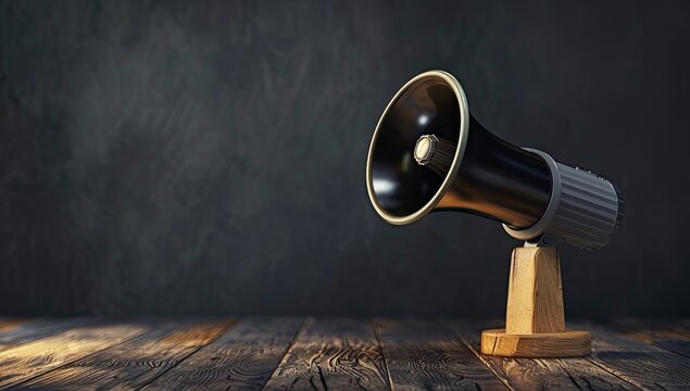 A vintage-style black megaphone rests on a rustic wooden surface against a dark textured backdrop, suggesting a concept of communication or announcement