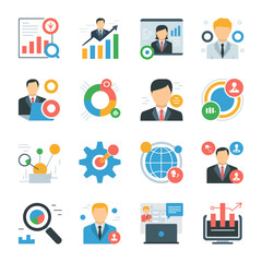 Vector art of flat icons of business, marketing, management, and finance elements