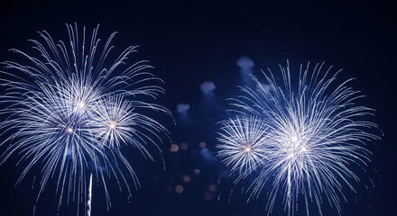 Fototapeta premium White fireworks bursts against a dark blue night sky, creating a vibrant and festive scene, symbolizing celebration and joy