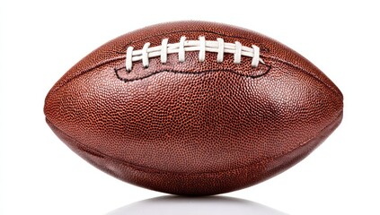 A brown leather American football, laces visible, is centrally positioned against a stark white background, casting a subtle reflection