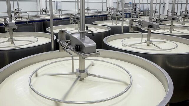 Production of Adyghe cheese using stainless steel vats and automated stirring in bright factory environment
