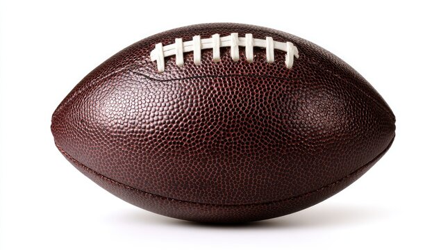 A brown leather American football, laces prominently displayed, is centered against a stark white background, showcasing its textured surface and prolate spheroid shape