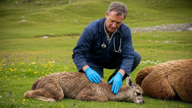Rural vet assists in the birth of newborn cria in a peaceful mountainous pasture