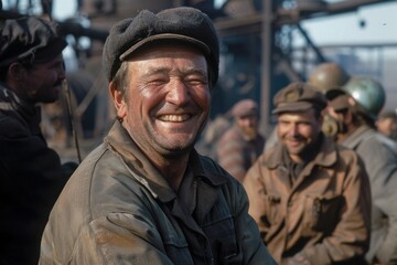 Fototapeta premium Vintage memories of a cheerful soviet worker laughing, surrounded by fellow laborers at a busy industrial site from the past era.