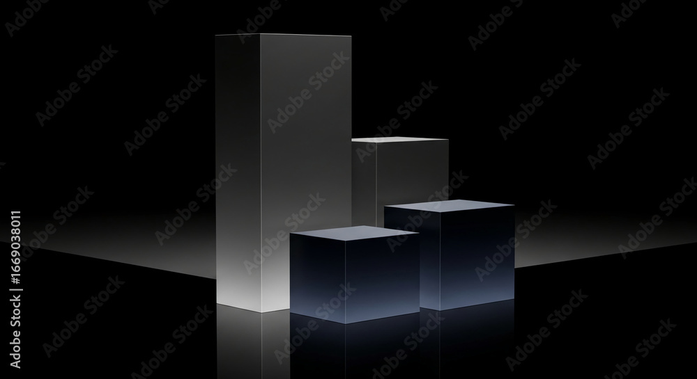 Poster three dark gray cubes on a black reflective surface, creating a minimalist product display, ideal fo