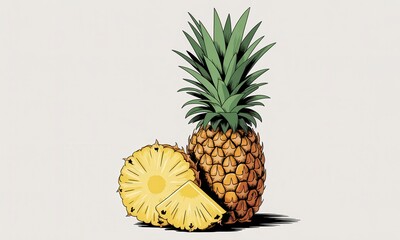 A stylized illustration of a whole pineapple and a sliced section, showcasing its textured skin and juicy yellow flesh against a light gray background.  The style is reminiscent of vintage printmaking