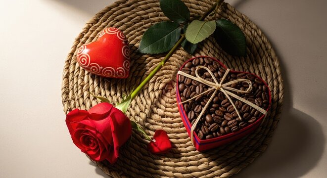 Vibrant red rose, lovely heart shaped box of aromatic coffee beans, small decorative heart ornament on a woven mat, ideal for a special love and friendship occasion.