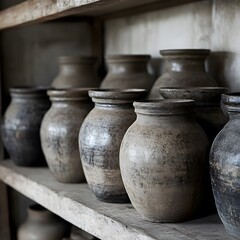 Rustic Grey Earthenware Pottery Jars on Wooden Shelf