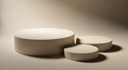 Three beige cylindrical podiums on a beige background, creating a minimalist product display scene, ideal for showcasing items or branding, offering blank space for text or logo